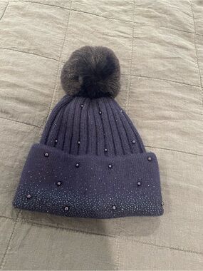 Women's Navy Beaded Pom Pom Knit Hat